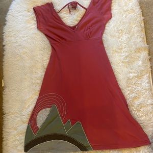 Women’s organic cotton sundress. Hand stitched mountain scene on skirt.